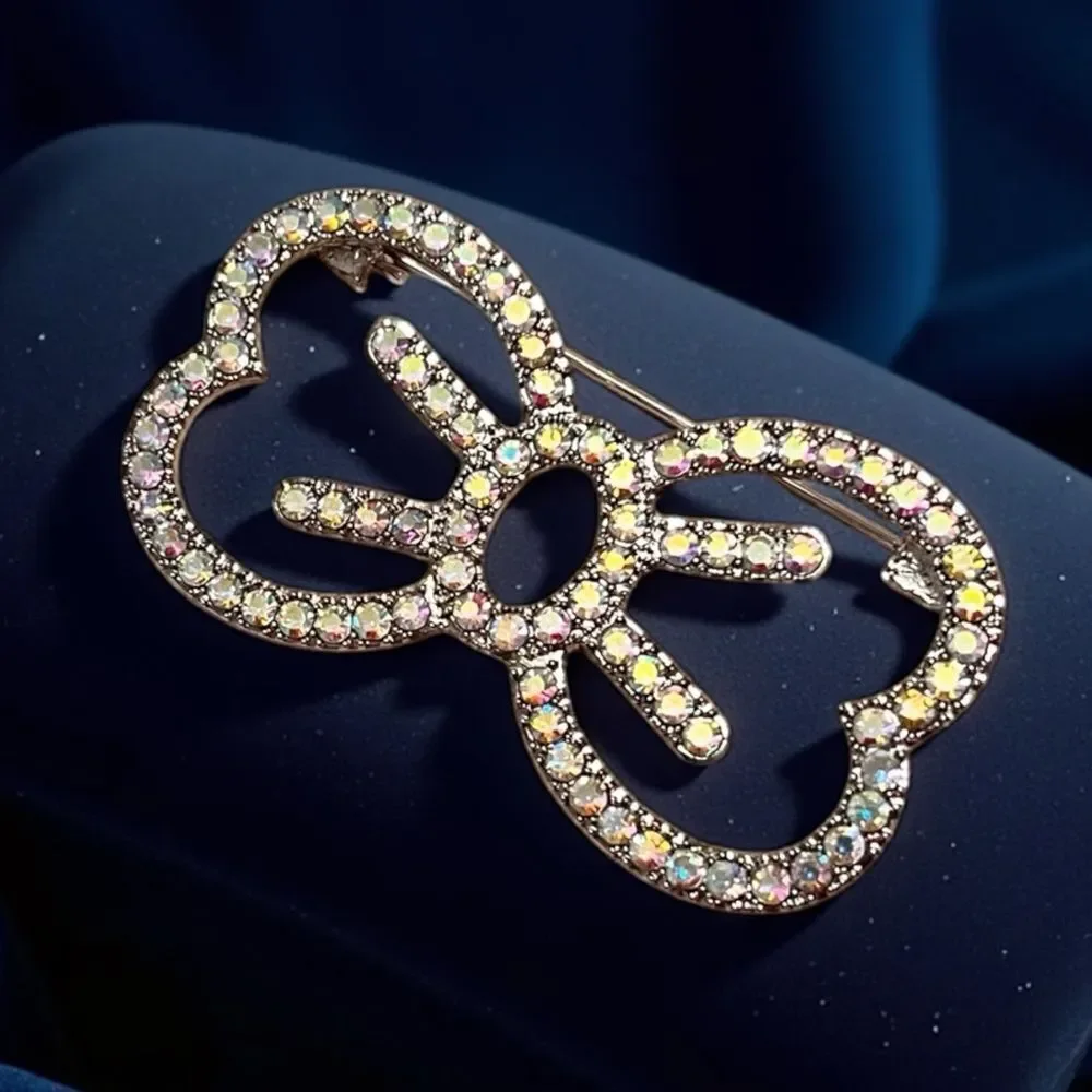 Elegant Silver Iridescent Crystals Bow Brooch